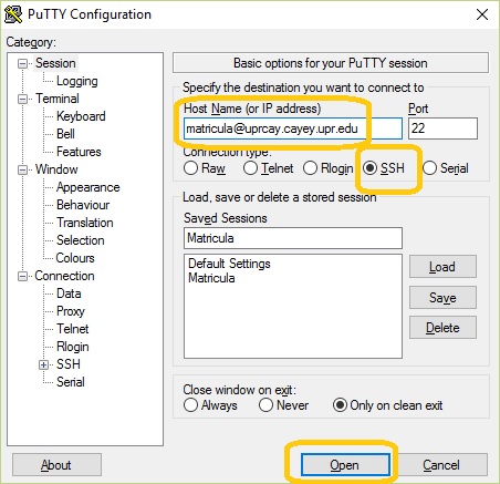 Imagen representativa a configuración de aplicación Putty para Petición de Cursos en UPR Cayey